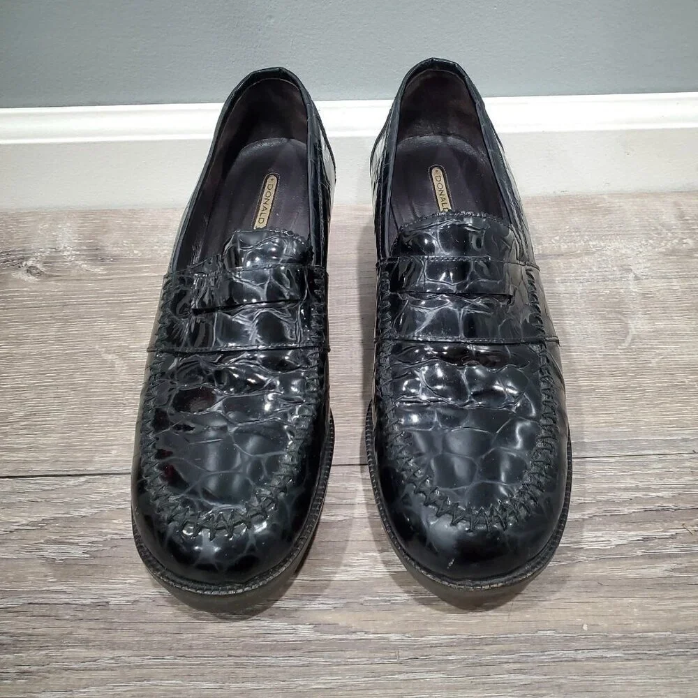 Donald J Pliner Nia2 Black Patent Leather Crocodile Print Wedge Loafer Shoe 8.5M